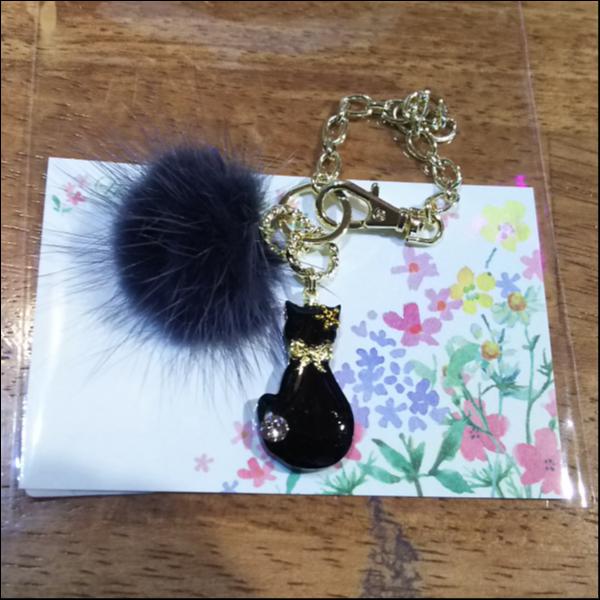 猫とファーのバッグチャーム(黒)