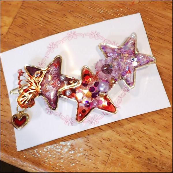 星形バレッタ(赤紫&蝶々)