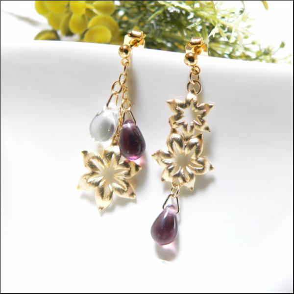 チェコドロップと花のピアス