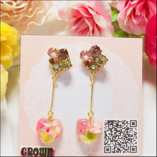 スワロ使用ビジュー×花クリアハートピアス(ルミナス)