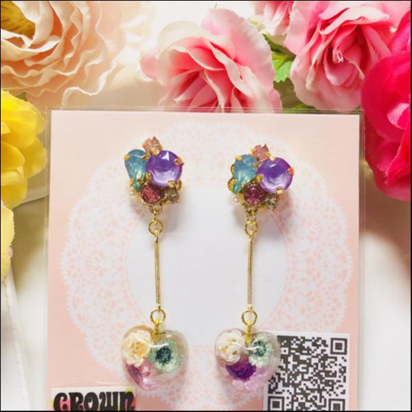 スワロ使用ビジュー×花クリアハートピアス(P紫)