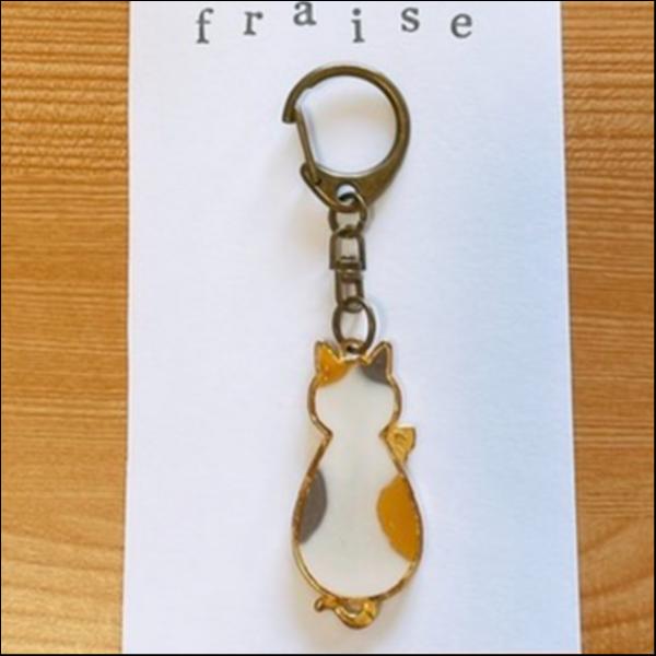 ゆらゆら三毛猫キーホルダー（ナスカンブラウン）