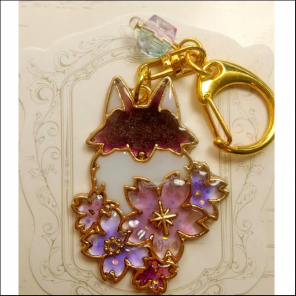 華・ギツネ・桜キーホルダー(紫)